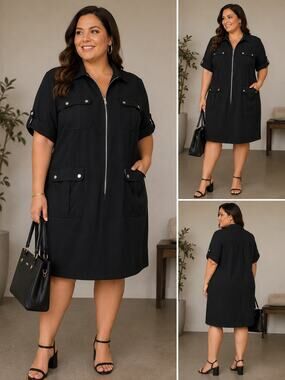 True Envy Black Utility Shirt Dress16 Zip Front Roll Tab Sleeve Cargo Pockets